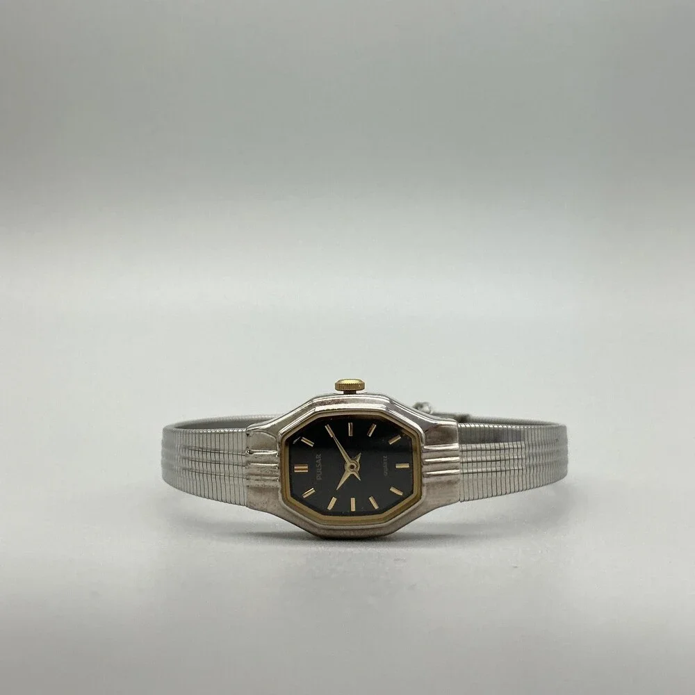 Vintage Pulsar Womens Watch 16mm Black Silver Tone V810-5750 New Battery 5.75